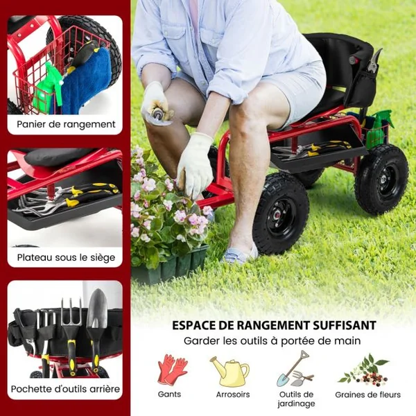 Siège de Jardin Roulant avec Poignée&Siège Pivotant à 360°Charge 150KG