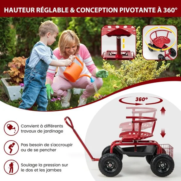 Siège de Jardin Roulant avec Poignée&Siège Pivotant à 360°Charge 150KG