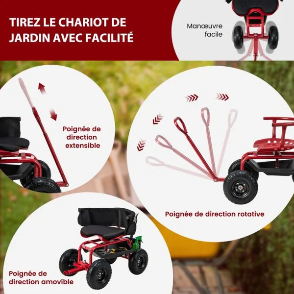 Siège de Jardin Roulant avec Poignée&Siège Pivotant à 360°Charge 150KG