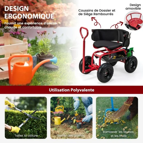 Siège de Jardin Roulant avec Poignée&Siège Pivotant à 360°Charge 150KG