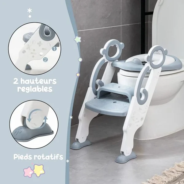Siège de Toilette pour Enfants Pliable et Hauteur Réglable Réducteur de Toilette pour Bébé avec Marches Larges