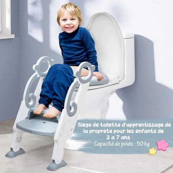 Siège de Toilette pour Enfants Pliable et Hauteur Réglable Réducteur de Toilette pour Bébé avec Marches Larges