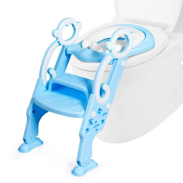 Siège de Toilettes pour Enfants de 1 à 8 Ans Réglable Pliable Siège Rembourré Marche Large Capacité 50 kg Bleu + Blanc