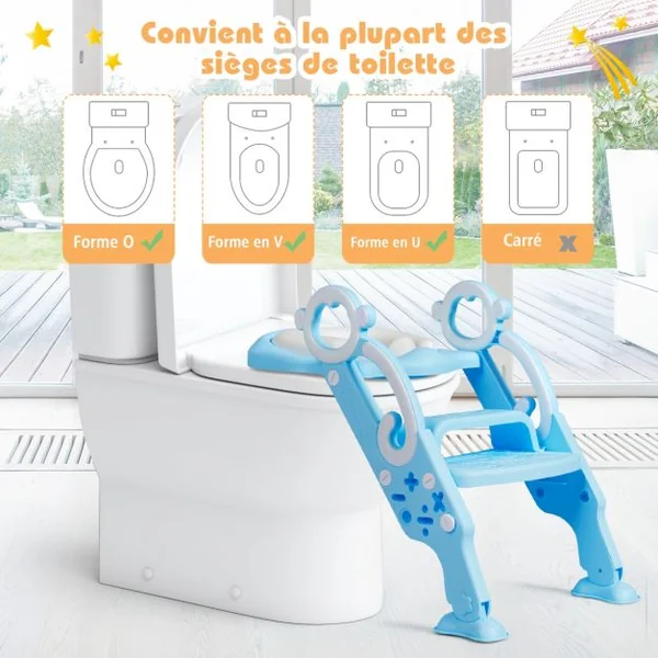 Siège de Toilettes pour Enfants de 1 à 8 Ans Réglable Pliable Siège Rembourré Marche Large Capacité 50 kg Bleu + Blanc