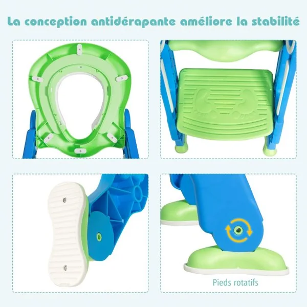 Siège de Toilettes pour Enfants de 2 à 7 Ans Réglable Pliable Siège Rembourré Marche Large Capacité 75 kg Bleu + Vert