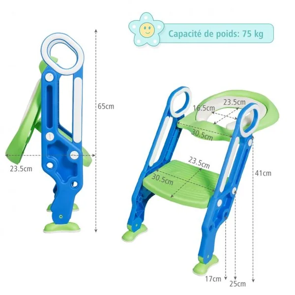 Siège de Toilettes pour Enfants de 2 à 7 Ans Réglable Pliable Siège Rembourré Marche Large Capacité 75 kg Bleu + Vert