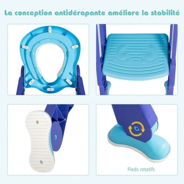 Siège de Toilettes pour Enfants de 2 à 7 Ans Réglable Pliable Siège Rembourré Marche Large Capacité 75kg Bleu + Violet