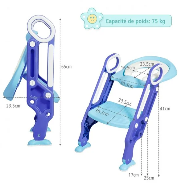 Siège de Toilettes pour Enfants de 2 à 7 Ans Réglable Pliable Siège Rembourré Marche Large Capacité 75kg Bleu + Violet