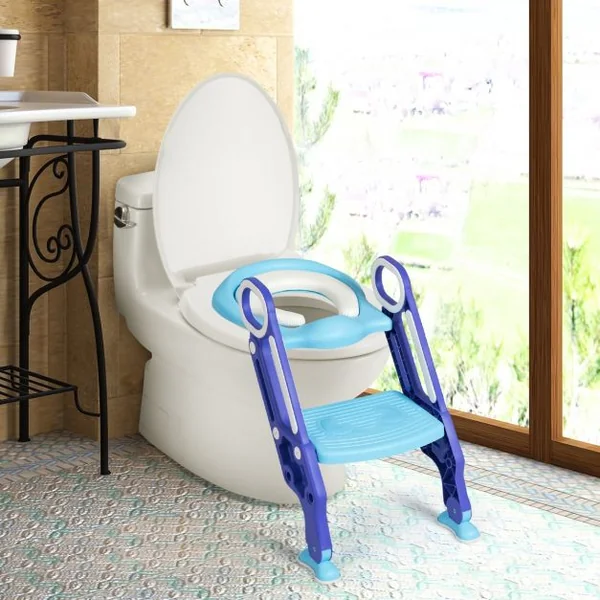 Siège de Toilettes pour Enfants de 2 à 7 Ans Réglable Pliable Siège Rembourré Marche Large Capacité 75kg Bleu + Violet