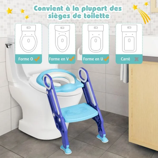 Siège de Toilettes pour Enfants de 2 à 7 Ans Réglable Pliable Siège Rembourré Marche Large Capacité 75kg Bleu + Violet