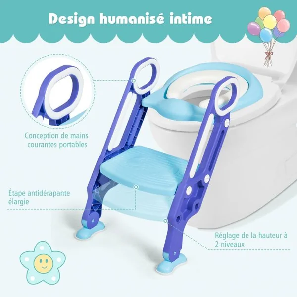 Siège de Toilettes pour Enfants de 2 à 7 Ans Réglable Pliable Siège Rembourré Marche Large Capacité 75kg Bleu + Violet