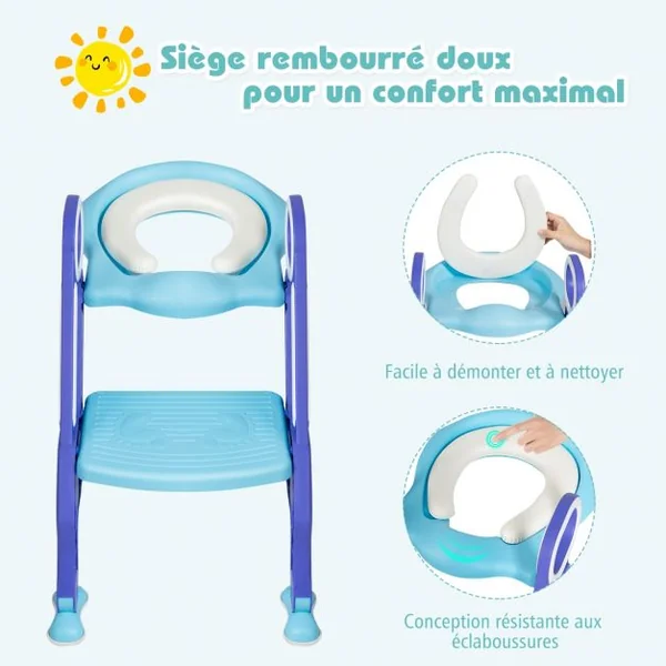 Siège de Toilettes pour Enfants de 2 à 7 Ans Réglable Pliable Siège Rembourré Marche Large Capacité 75kg Bleu + Violet