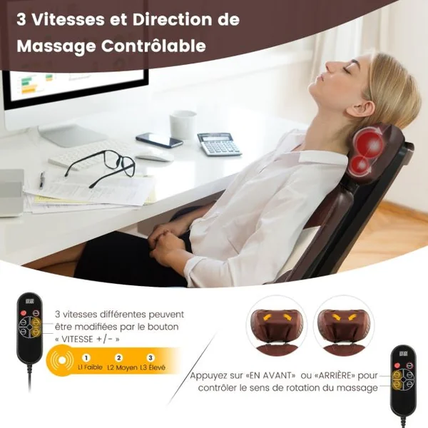 Siège Massage Shiatsu pour Cou et Dos avec Oreiller de Cou Réglable Fauteuil Massant avec 3 Vitesses et Minuterie à 3 Niveaux Télécommande
