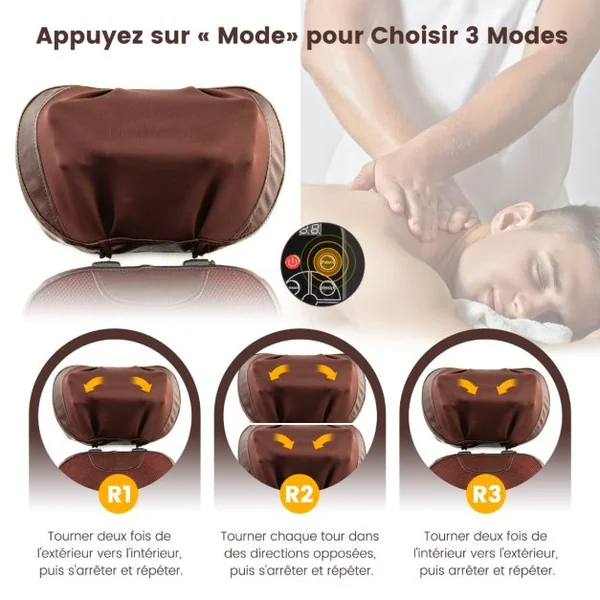 Siège Massage Shiatsu pour Cou et Dos avec Oreiller de Cou Réglable Fauteuil Massant avec 3 Vitesses et Minuterie à 3 Niveaux Télécommande