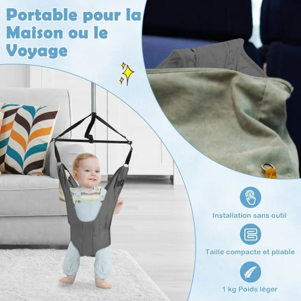 Siège Sauteur Ajustable à Suspendre pour Bébés de 6 à 12 mois Tissus Gris