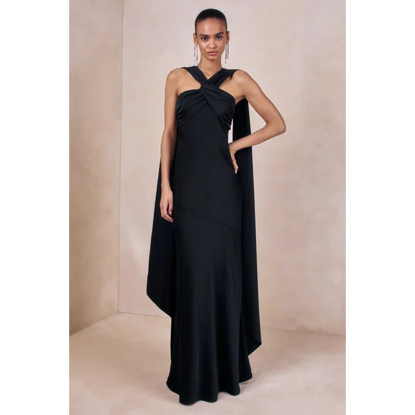Sloane | Robe longue noire en satin mat à encolure dos-nu avec cape