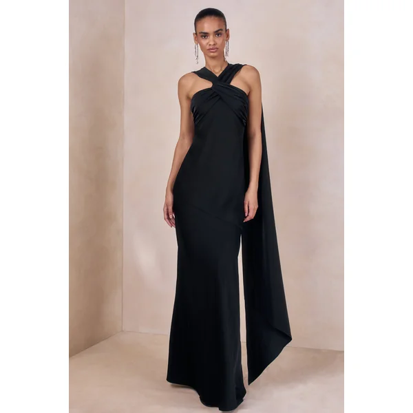 Sloane | Robe longue noire en satin mat à encolure dos-nu avec cape