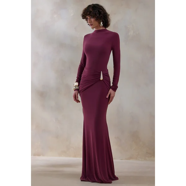 Solarium | Robe longue bordeaux à manches longues avec détail doré