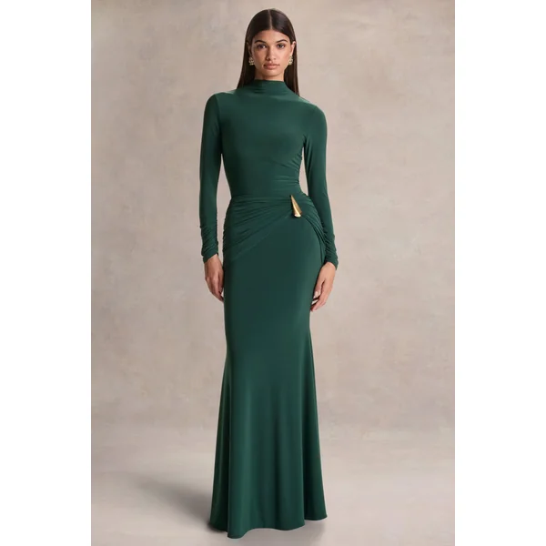 Solarium | Robe longue vert foncé à manches longues avec détail doré