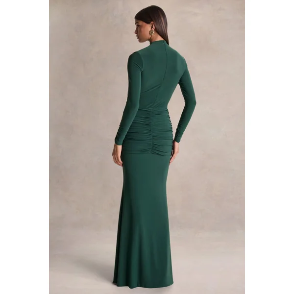 Solarium | Robe longue vert foncé à manches longues avec détail doré