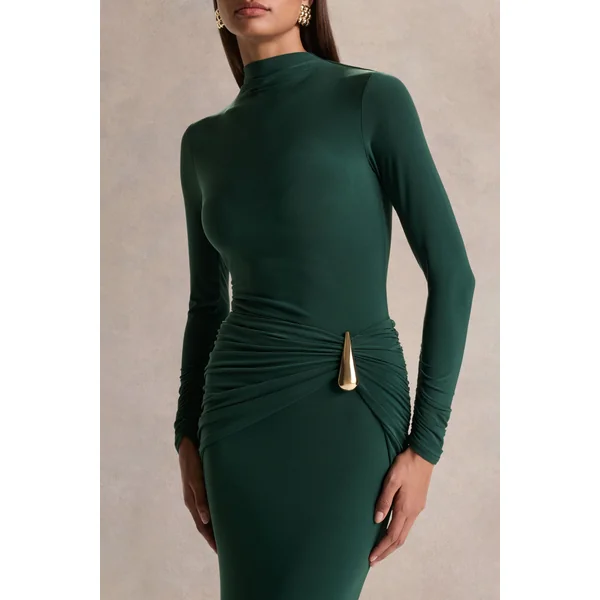 Solarium | Robe longue vert foncé à manches longues avec détail doré