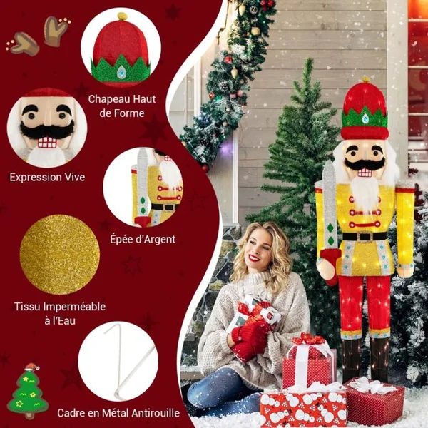 Soldat Casse-Noisettes de Noël Lumineux Figurine Grandeur Nature de 166 cm de Hauteur avec Socle en Métal Lumières LED
