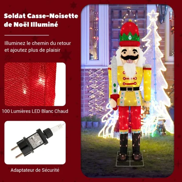 Soldat Casse-Noisettes de Noël Lumineux Figurine Grandeur Nature de 166 cm de Hauteur avec Socle en Métal Lumières LED