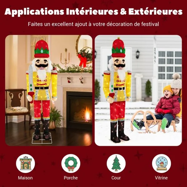 Soldat Casse-Noisettes de Noël Lumineux Figurine Grandeur Nature de 166 cm de Hauteur avec Socle en Métal Lumières LED