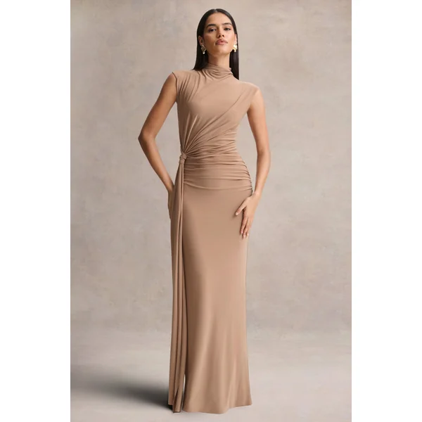 Solene | Robe longue brun à col montant avec effet portefeuille et drapé