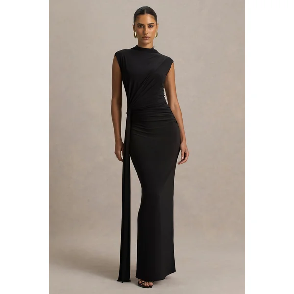 Solene | Robe longue noire à col montant avec nœud torsadé et drapé