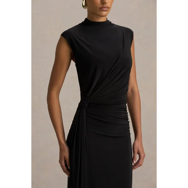 Solene | Robe longue noire à col montant avec nœud torsadé et drapé