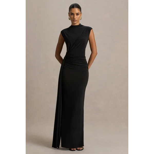 Solene | Robe longue noire à col montant avec nœud torsadé et drapé