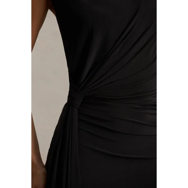 Solene | Robe longue noire à col montant avec nœud torsadé et drapé
