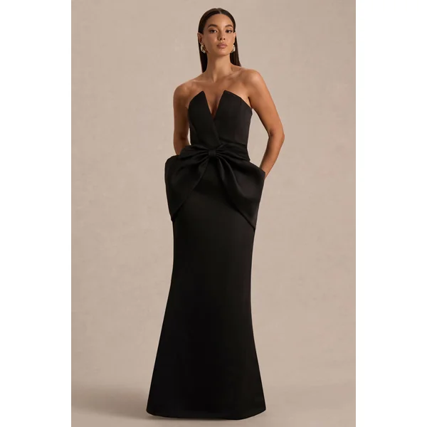 Sonata | Robe longue bustier en satin noir avec jupe tulipe