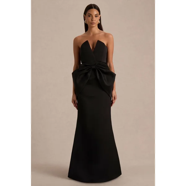 Sonata | Robe longue bustier en satin noir avec jupe tulipe