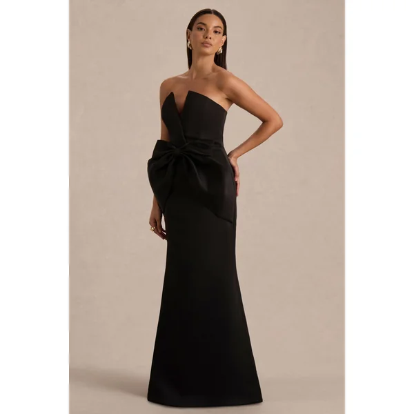 Sonata | Robe longue bustier en satin noir avec jupe tulipe