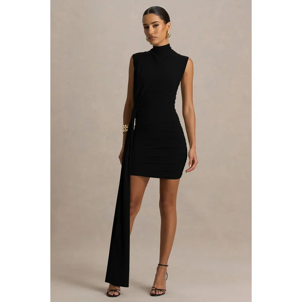 Sorenna | Mini-robe noire à col montant avec effet portefeuille et ceinture fluide
