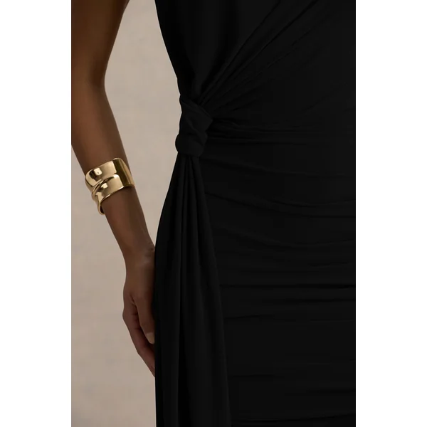 Sorenna | Mini-robe noire à col montant avec effet portefeuille et ceinture fluide