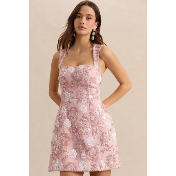 Sorina | Mini-robe rose poudré à encolure cœur ornée de fleurs