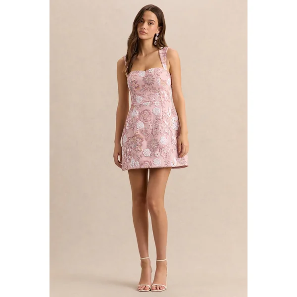Sorina | Mini-robe rose poudré à encolure cœur ornée de fleurs