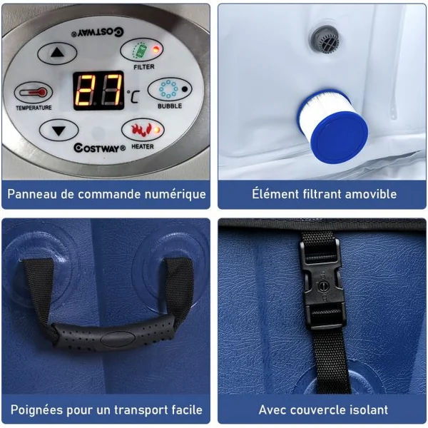 Spa Gonflable 1800w Carré 558l pour 4 Personnes 220v-240v Gonflage Automatique Chauffage Accessoires 154x154x65cm Bleu