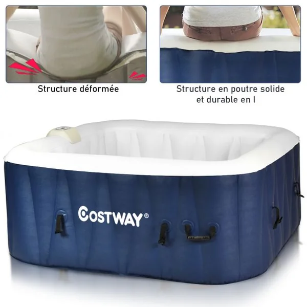 Spa Gonflable 1800w Carré 558l pour 4 Personnes 220v-240v Gonflage Automatique Chauffage Accessoires 154x154x65cm Bleu
