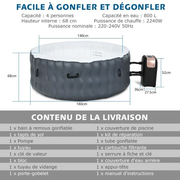 Spa Gonflable avec 108 Jets de Massage 180 x 68 CM Spa Rond Portable à 4 Personnes pour Intérieur/Extérieur Gris