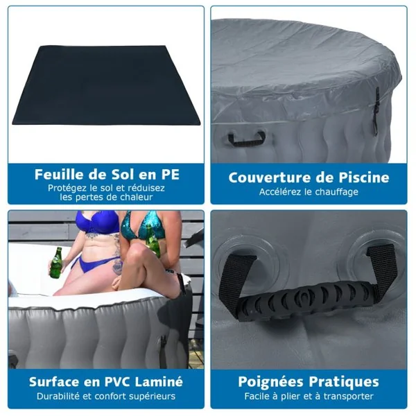 Spa Gonflable avec 108 Jets de Massage 180 x 68 CM Spa Rond Portable à 4 Personnes pour Intérieur/Extérieur Gris