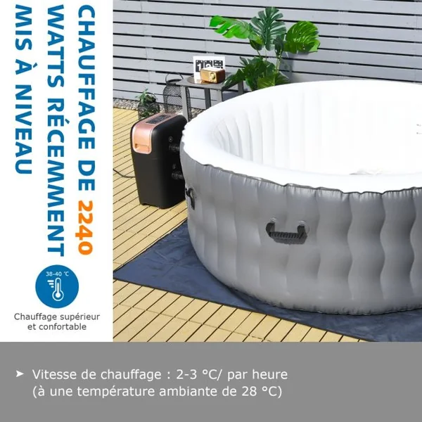 Spa Gonflable avec 108 Jets de Massage 180 x 68 CM Spa Rond Portable à 4 Personnes pour Intérieur/Extérieur Gris