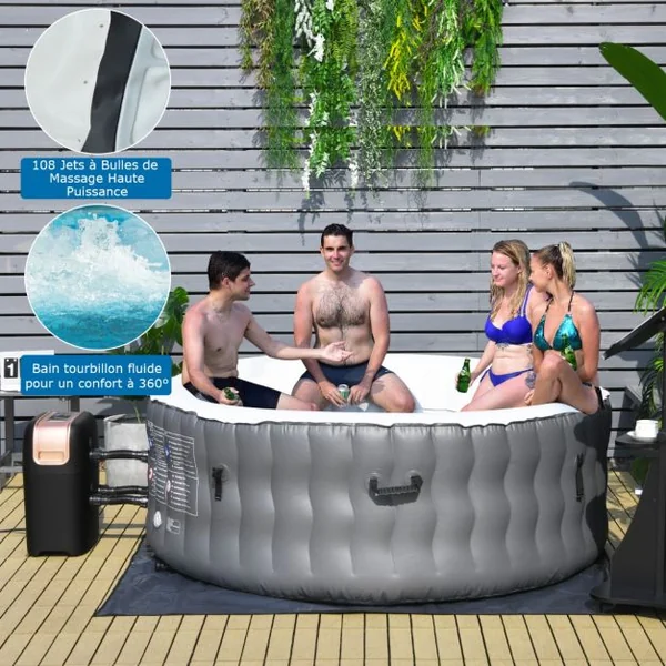Spa Gonflable avec 108 Jets de Massage 180 x 68 CM Spa Rond Portable à 4 Personnes pour Intérieur/Extérieur Gris
