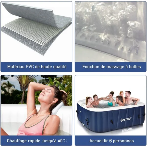Spa Gonflable Carré 900l pour 6 Personnes 220v-240v Gonflage Automatique 1800w en Pvc Pp Abs 185x185x65cm Bleu