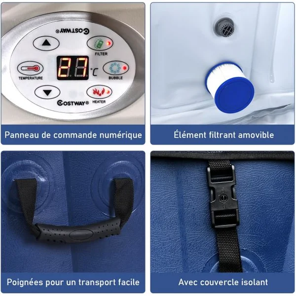 Spa Gonflable Carré 900l pour 6 Personnes 220v-240v Gonflage Automatique 1800w en Pvc Pp Abs 185x185x65cm Bleu