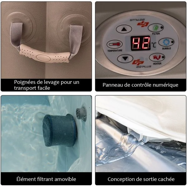 Spa Gonflable Rond 800l pour 4 Personnes 220v-240v Gonflage Automatique 1800w en Pvc Pp Abs 180x180x65cm Beige