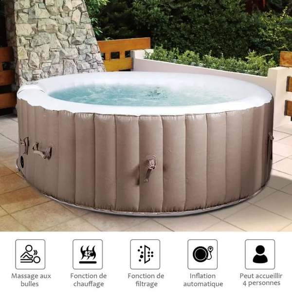 Spa Gonflable Rond 800l pour 4 Personnes 220v-240v Gonflage Automatique 1800w en Pvc Pp Abs 180x180x65cm Beige